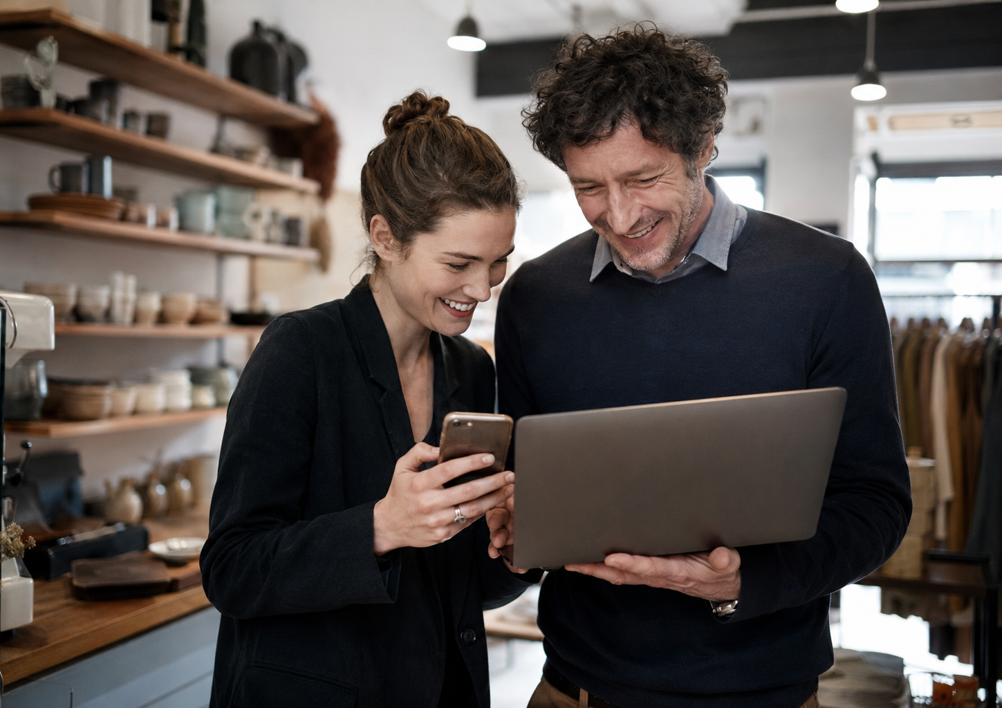 Happy business owners viewing their new Withubb website